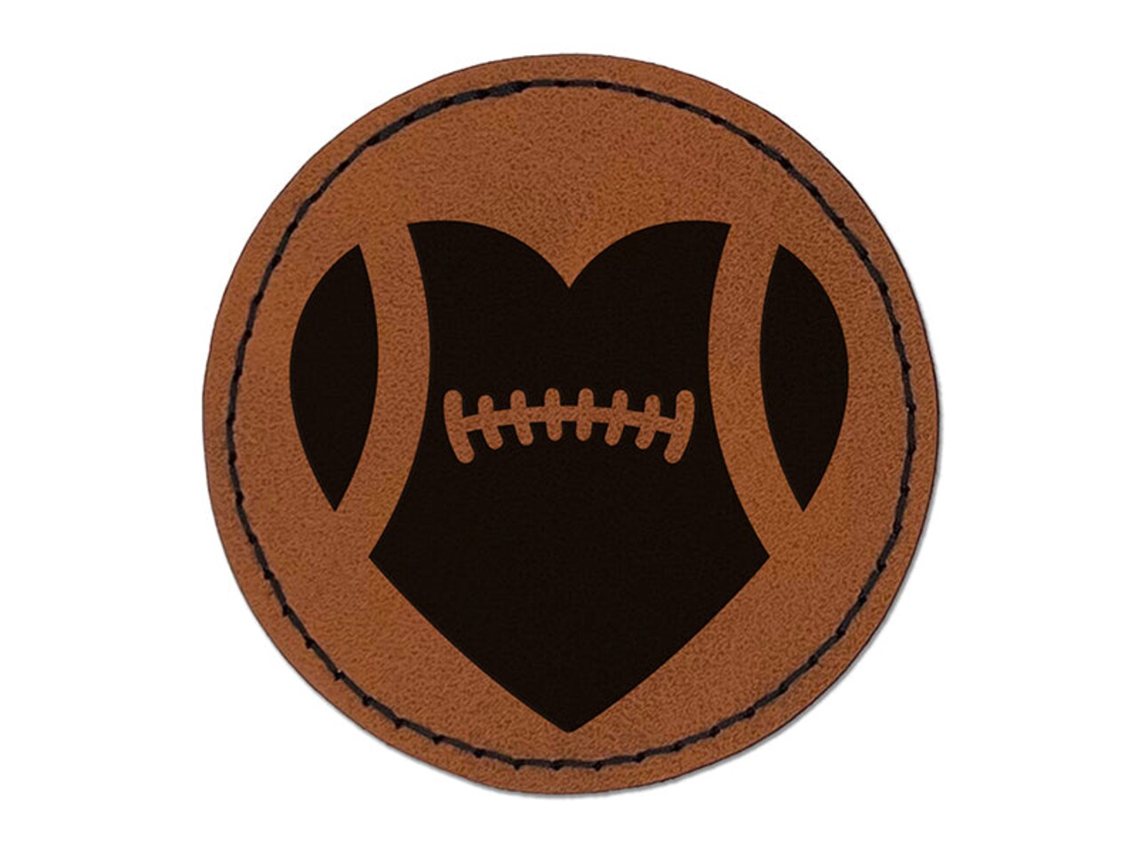 Heart Shaped Football Sports Round Iron-On Engraved Faux Leather Patch Applique - 2.5"